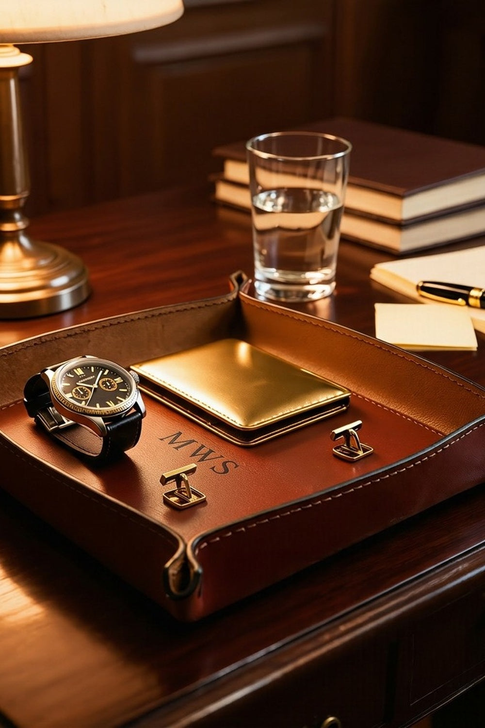 Personalized leather valet tray with engraved initials holding a watch, cufflinks, and money clip on a wooden nightstand