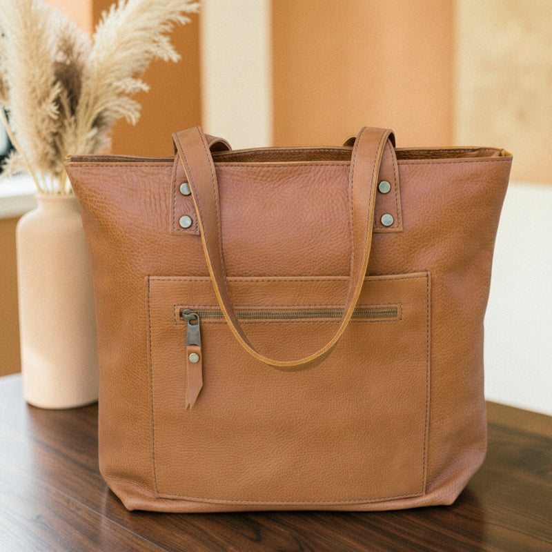 Italian Leather Tote Bag with Zipper & Pockets | Handmade