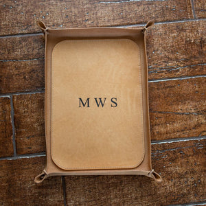 Natural  color leather valet tray with initials engraving
