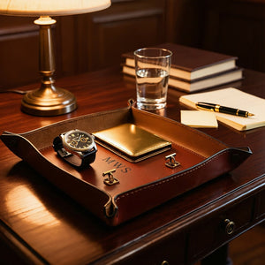 Brown leather tray with watch, wallet, and pen on a wooden desk with lamp and books.