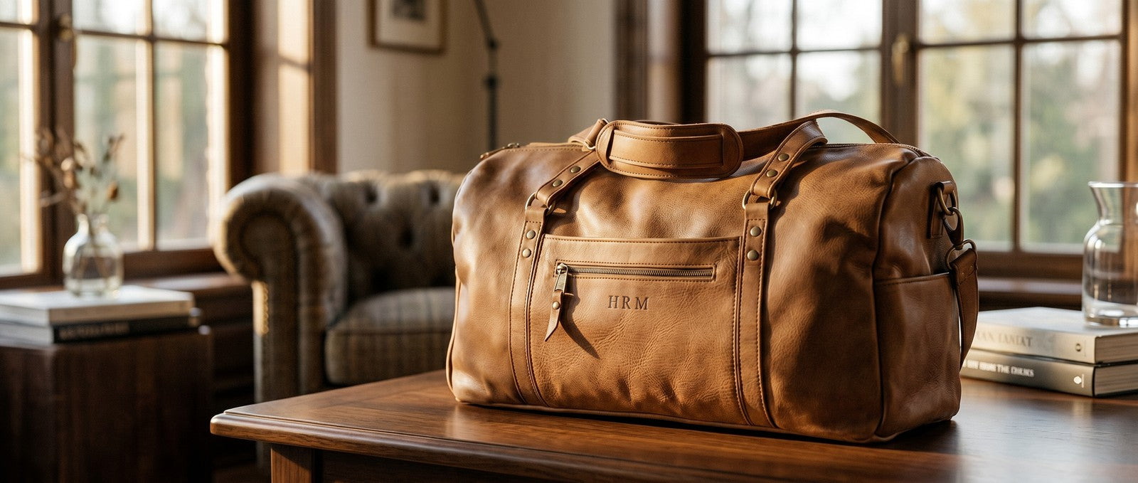 Brown leather duffel bag on a wooden table with a cozy room background