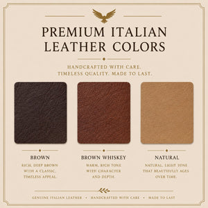 Premium Italian leather color swatches with descriptions on a beige background