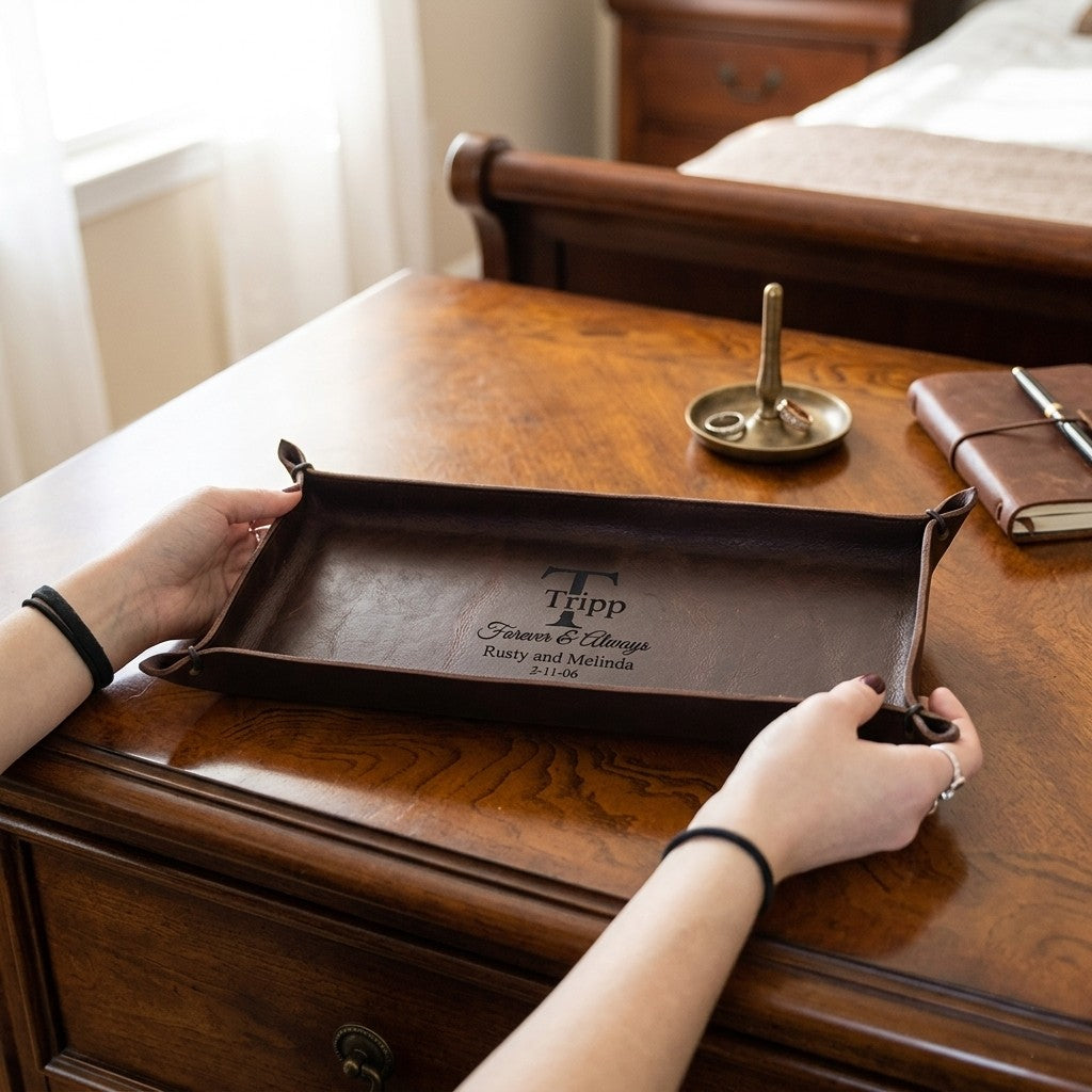 Italian full-grain leather in a whiskey brown color forms an oblong tray with leather string held corner tips and an imprinted message.