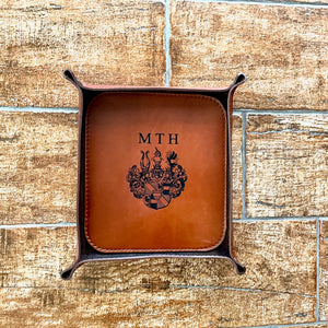 Brown whiskey Italian leather tray with engraved crest and initials