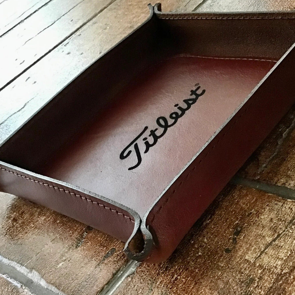 Large (A4) brown whiskey color valet tray, handcrafted with Italian leather and customised with etched initials