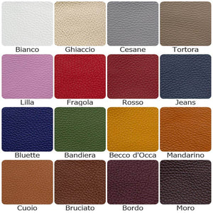 13 color options available to select for your handmade with Italian leather duffel bag: Bianco, Ghiaccio, Cesane, Tortora, Lilla, Fragola, Rosso, Jeans, Bluette, Bandiera, Becco d'Occa, Mandarino, Cuoio, Bruciato, Bordo, Moro, and Nero(Black).