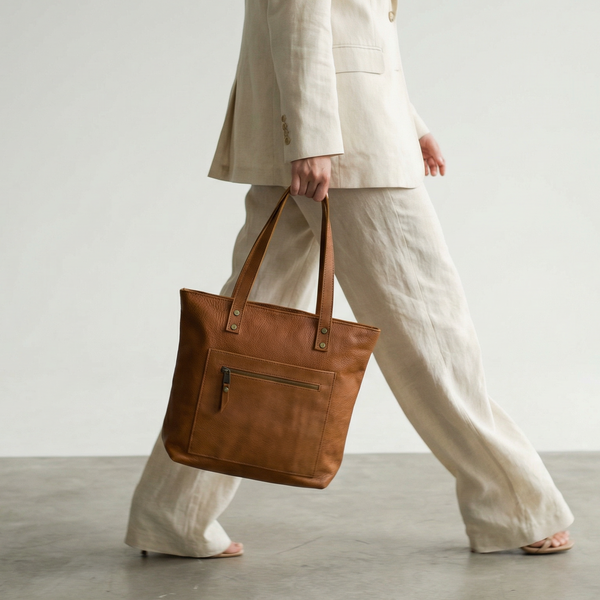 Italian Leather Tote Bag with Zipper & Pockets | Handmade