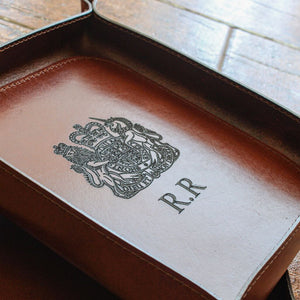 Medium size Italian leather valet tray, personalized,  in brown whiskey color