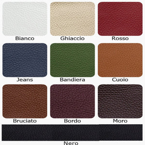 Color swatches of different textured leather colors with labels.