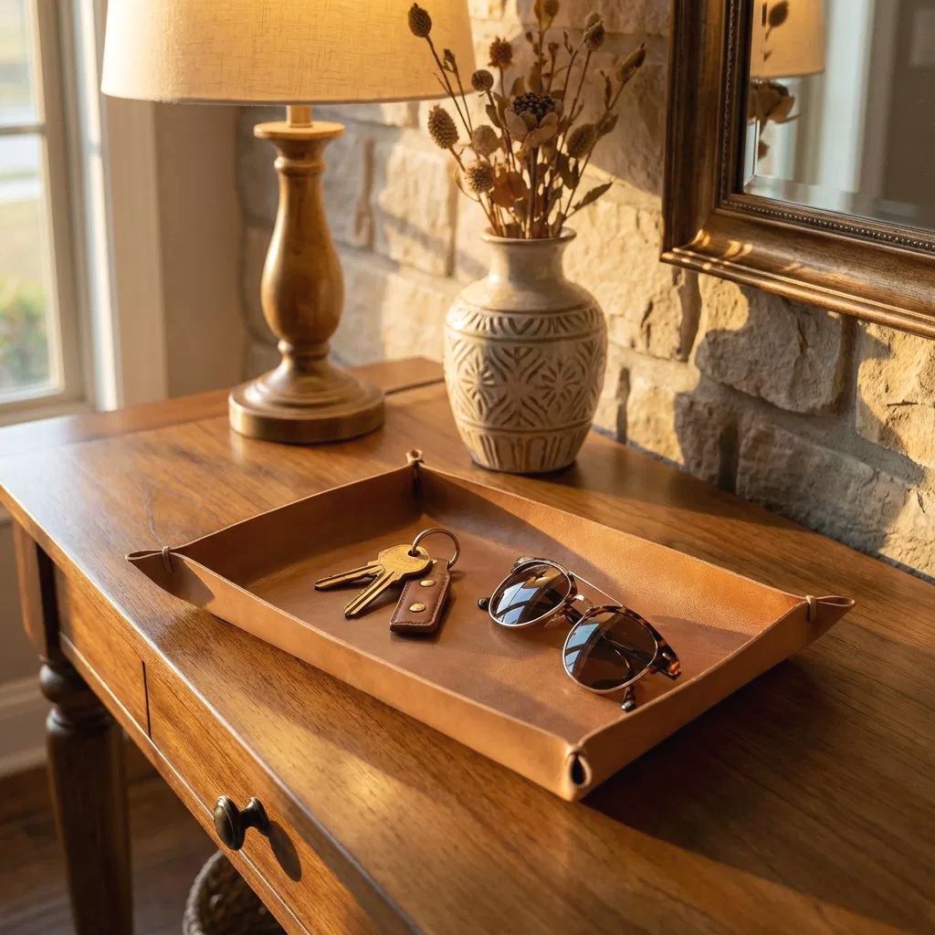 Leather tray with keys and sunglasses on a wooden surface with a lamp and vase in the background.