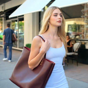 Woman holding a brown handbag on a city street