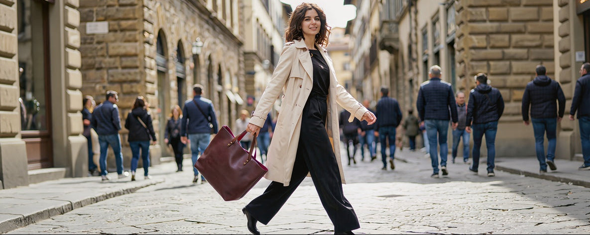 Woman walking down a street in an urban setting with a brown leather bag.