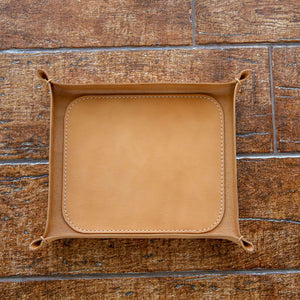 natural hue Italian leather tray medium-sized on a wooden surface