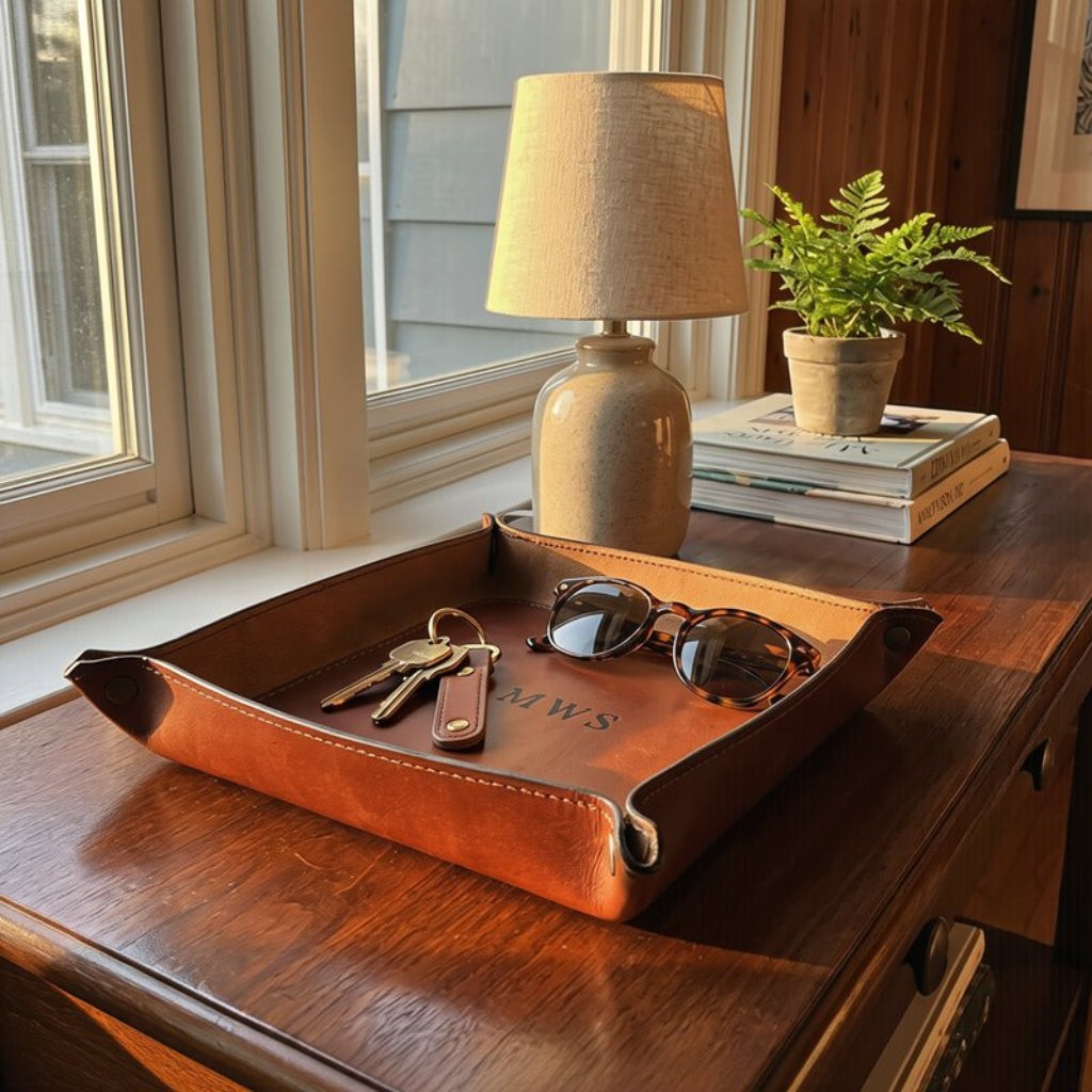 Brown leather tray on a wooden surface with sunglasses, keys, and a lamp in the background.