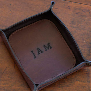 Small size, personalized valet tray, handcrafted of Italian leather in brown color