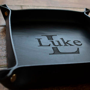 Personalized, medium size Italian leather valet tray in black color