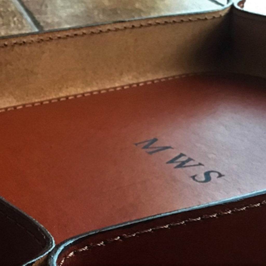 Large (A4) brown whiskey color valet tray, handcrafted with Italian leather and customised with etched initials